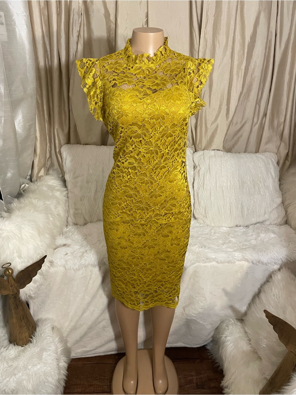 Enfocus Studio Yellow Lace Midi Dress with High Neckline